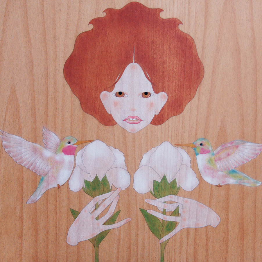 "girl, hummingbirds & white iris"