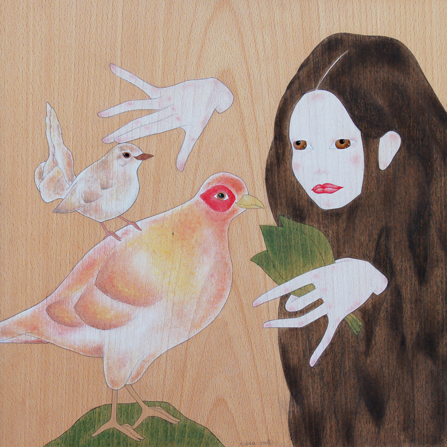 "geisha enticing a copper pheasant with a leaf"